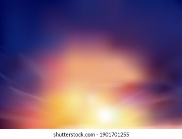 Cielo atardecer por la noche con color naranja, amarillo y morado, paisaje dramático de crepúsculo con cielo azul oscuro,Pancarta de horizonte de malla vectorial de la salida del sol para primavera o verano