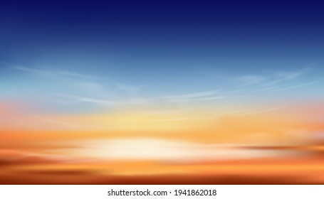 Sunset Sky Background,Sunrise with Cloud with Blue,Orange,Yellow Color in Morning,Vector Horizon dramatic twilight dusk sky after sun dawn in Summer Evening,Beautiful nature landscape by sea beach