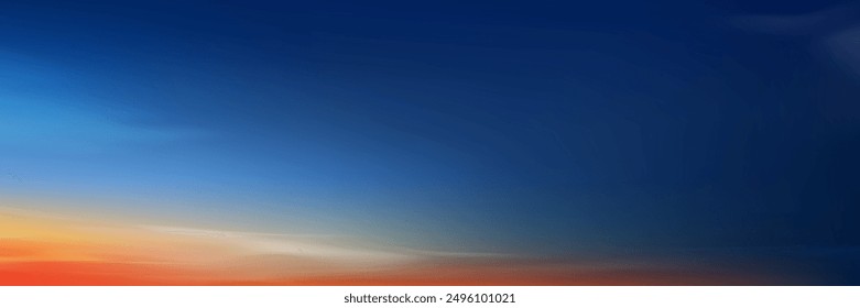 Fondo del cielo de la puesta del sol, nube de la salida del sol azul, naranja, amarillo en la mañana Verano, Vector soleado Otoño, campo del paisaje de la Naturaleza en evening.Winter sunlight, ilustración de la historieta Horizonte Atardecer de la primavera por la playa del mar