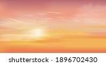 Sunset Sky Background,Sunrise cloud Orange,Yellow,Pink in morning Summer,Vector sunny Autumn,Nature landscape field in evening.Winter sunlight,cartoon illustration Horizon Spring sundown by Sea Beach