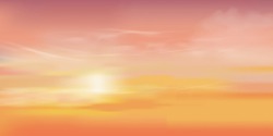 Sunset Sky Background,Sunrise Cloud Orange,Yellow,Pink In Morning Summer,Vector Sunny Autumn,Nature Landscape Field In Evening.Winter Sunlight,cartoon Illustration Horizon Spring Sundown By Sea Beach