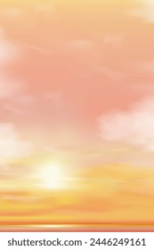 Sunset Sky Background,Sunrise cloud Orange,Yellow,Pink in morning Summer,Vector sunny Autumn,Nature landscape field in evening.Winter sunlight,cartoon illustration Horizon Spring sundown by Sea Beach