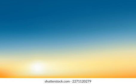 Sunset Sky Background,Sunrise with Yellow and Blue Sky,Nature Landscape Romantic Golden Hour with twilight Sky in Evening after Sun Dawn,Vector Horizon Banner Sunlight for Four Seasons concept