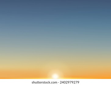 Fondo del cielo del sol, amanecer con cielo amarillo y azul sobre la playa, paisaje natural dramático con cielo crepústico por la noche después del amanecer del sol en el mar, horizonte vectorial de banner web para vacaciones de verano