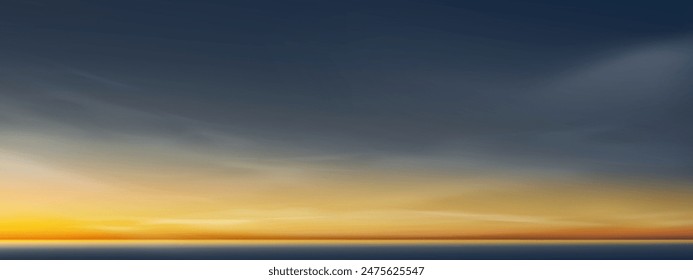 Sunset Sky Background,Sunrise with Yellow and Blue Sky,Nature Landscape Dramtic Golden Hour with twilight Sky in Evening after Sun Dawn,Vector Horizon Banner Sunlight for Four Seasons concept