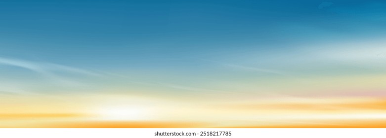 Sunset Sky Background,Sunrise with Yellow and Blue Sky,Nature Landscape Dramtic Golden Hour with twilight Sky in Evening after Sun Dawn,Vector Horizon Banner Sunlight for Four Seasons concept