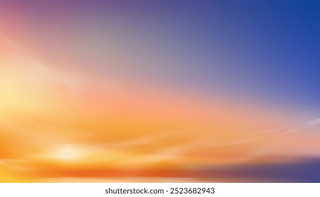 Sunset Sky Background,Sunrise with Yellow and Blue Sky,Nature Landscape Romantic Golden Hour with twilight Sky in Evening after Sun Dawn,Vector Horizon Banner Sunlight for Four Seasons concept