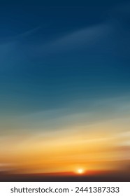 Sunset Sky Background,Sunrise with Yellow,Blue Sky over Sea Beach,Nature Landscape Dramtic Golden Hour with twilight Sky in Evening after Sun Dawn,Vector vertical Sunlight for Four Seasons concept