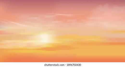 Amanecer por la mañana con cielo naranja, amarillo y rosa, paisaje dramático de crepúsculo con puesta de sol por la noche, malla vectorial horizonte Banner de amanecer o luz solar para cuatro estaciones fondo
