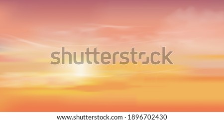 Sunset Sky Background.Sunrise,Cloud in Summer.Vector Sunny day autumn in color pink,yellow twilight in evening by sea beach.Spring field and sun dawn.Cartoon Horizon Nature with Sunlight in Winter