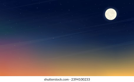 Sunset Sky background,Vector Horizon sunrise with full moon in blue,yellow sky in Summer,Panorama beautiful Nature Romantic sky over sea beach in evening Spring