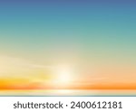 Sunset Sky Blue Background,Horizon Spring Sunrise Sky,Cloud with Orange,Yellow,Green over Sea Beach,Vector Panoramic Summer Banner Beautiful Sweet in Nature Romantic Sky in Evening for Travel,Holiday