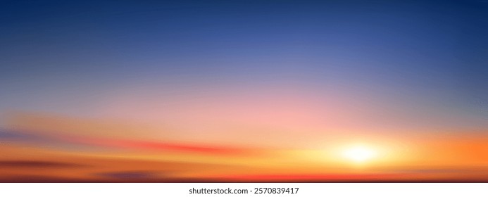 Sunset, Sky blue background,Summer sundown,clear sky in red,orange,yellow over sea beach.Vector cartoon nature background Sunrise sky,bright Sunlight,Horizon landscape Golden hour dramatic dusk sky