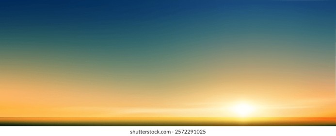 Sunset, Sky blue background,Summer sundown,clear sky in orange,yellow over sea beach.Vector cartoon nature background Sunrise sky,bright Sunlight,Horizon landscape Golden hour dramatic dusk sky