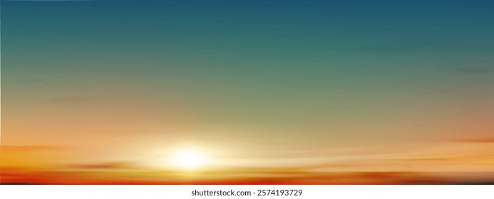 Sunset, Sky blue background,Summer sundown,clear sky in orange,yellow over sea beach.Vector cartoon nature background Sunrise sky,bright Sunlight,Horizon landscape Golden hour dramatic dusk sky