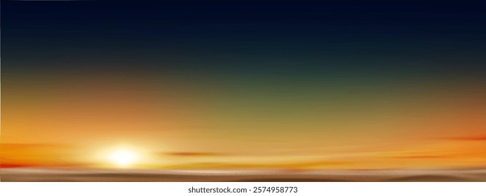 Sunset Sky blue background,Summer sundown,clear sky red,orange,yellow over sea sand beach.Vector cartoon nature background Sunrise sky,bright Sunlight,Horizon seascape Golden hour dramatic dusk sky