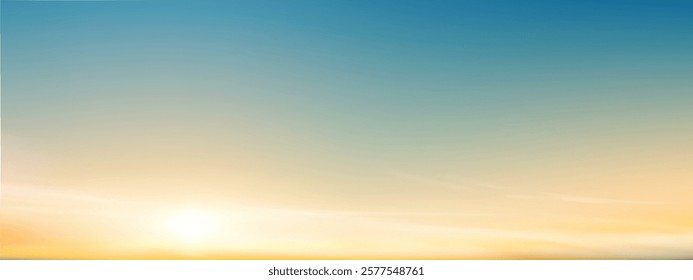 Sunset, Sky blue background,Summer sundown,clear sky in orange,yellow over sea beach.Vector cartoon nature background Sunrise sky,bright Sunlight,Horizon landscape Golden hour dramatic dusk sky