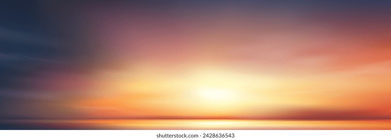 Sunset Sky Blue,Cloud Background,Horizon Evening Summer Sun dawn,Twilight sky in the Evening by the beach,Vector beautiful landscape nature sunrise in Spring,Backdrop panoramic Dusk sky over blue 