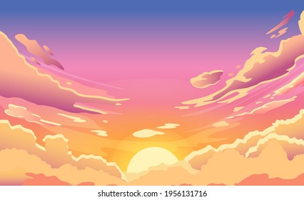 Sunset sky  Cartoon summer sunrise and pink clouds   sunshine  evening cloudy heaven panorama  Morning vector landscape  Beautiful cloudscape and fluffy cumulus  colorful twilight
