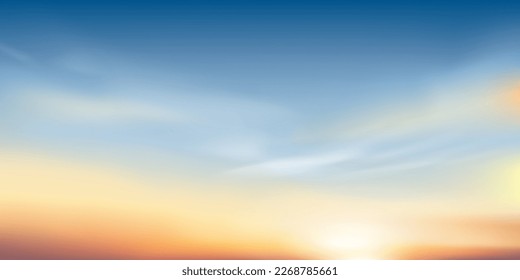 Sunset Sky with cloud in Blue,Orange,Yellow colour Background,Dramatic twilight landscape with Sunset in evening,Vector horizon Sunrise in Morning banner of Sunlight for four season backdrop banner