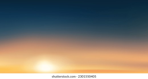 Sunset Sky with cloud in Blue,Orange,Yellow colour in Evening,Dramatic twilight landscape dusk sky in Golden hour,Vector horizon Sunrise in Morning banner of Sunlight for four season background