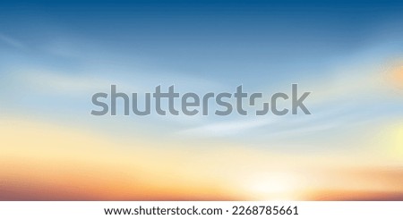 Sunset Sky with cloud in Blue,Orange,Yellow colour Background,Dramatic twilight landscape with Sunset in evening,Vector horizon Sunrise in Morning banner of Sunlight for four season backdrop banner