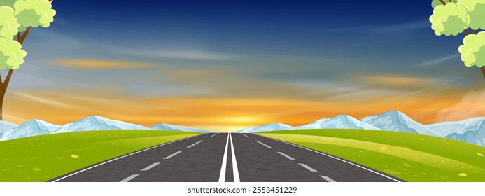 Sunset sky and cloud over Spring landscape with asphalt road, grass fields, mountain background,Cartoon Vector illustration nature landscape forest with highway road and green nature in summer