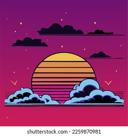 SonnenuntergangsHimmel und Wolken im Retro-Stil der 80er, flache Vektorgrafik