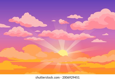 Sunset sky with clouds. Beautiful purple to yellow sky anime background with sunrays and pink fluffy clouds. Cartoon vector illustration. Sunrise morning cloudscape or outdoor twilight