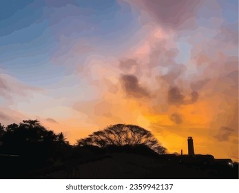 Sunset sky clouds in the evening with colorful orange, yellow, pink and red sunlight and dramatic storm clouds on twilight sky, Landscape horizon sky summer, Dusk sky background