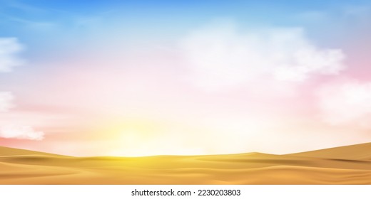 Sunset Sky with Clouds Scene over Beach Sand in Evening,Vector horizon Romantic Dust Sky on Spring or Summer, Horizontal Nature picturesque Desert landscape sand dunes with Sunrise in morning