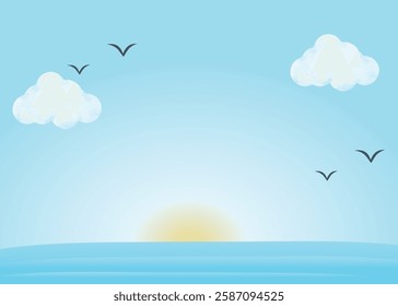 Sunset sky with clouds and seagulls. Vector illustration
