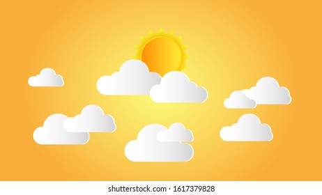 Sunset sky with clouds and sun , paper art style , 3D illustration .