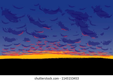 Sunset sky with cumulus clouds, vector illustration