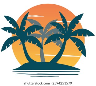 Sunset sky design with tropical palm trees silhouette, beautiful retro summer sunset t-shirt or fabric print style