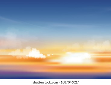 Sunset sky in evening with orange, yellow and purple colour, Dramatic twilight landscape with dark blue sky,Vector mesh horizon banner of sunrise for Spring or Summer background