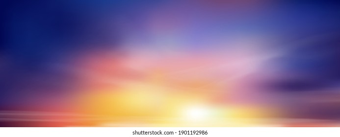 Sunset Sky In Evening With Orange, Yellow And Purple Colour, Dramatic Twilight Landscape With Dark Blue Sky,Vector Mesh Horizon Banner Of Sunrise For Spring Or Summer Background, Panorama Natural 