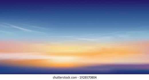 Sunset sky in evening with orange, yellow and purple colour, Dramatic twilight landscape duck sky with blue colour,Vector horizon banner of sunrise for Spring or Summer background, Panorama natural 