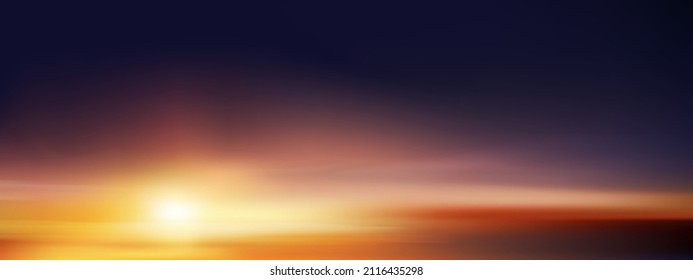 Cielo atardecer por la noche con color naranja, amarillo y púrpura, paisaje dramático de crepúsculo con cielo azul oscuro,Pancarta de fondo del horizonte vectorial Bello Amanecer natural para primavera, fondo de verano