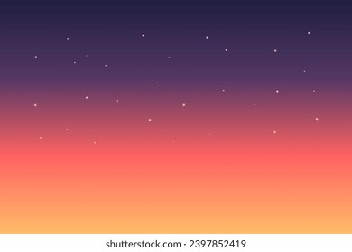 Cielo al atardecer con colores naranja, amarillo y violeta. Fondo del universo de las estrellas. Ilustración vectorial.