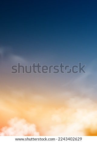 Sunset sky in evening with orange, yellow and purple colour,Vertical Dramatic dusk sky, Twilight landscape with dark blue,Vector illustration horizon banner of sunrise for Autumn, Winter background 