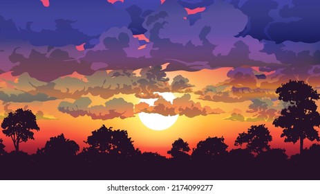 Sunset sky in forest. The sky is full of clouds