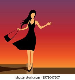 sunset sky  happy faceless girl in evening dress walk along the curb   waves hand  wind blows her hair   dress