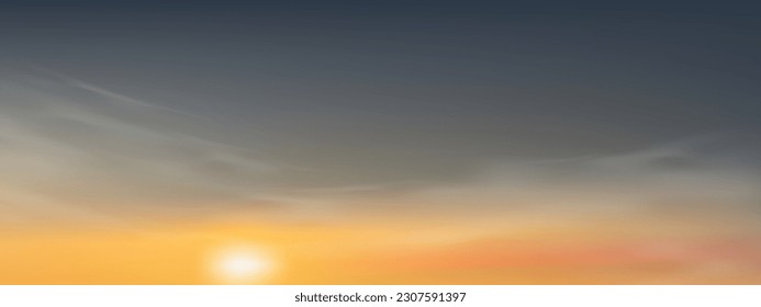 Sunset Sky, Horizon Spring Sky en azul, amarillo color,Vector ilustración de la nube de la naturaleza, cielo en el soleado día primavera,verano,Horizonte pintoresco fondo de banner para el Día Mundial del Medio Ambiente,Día de la Tierra