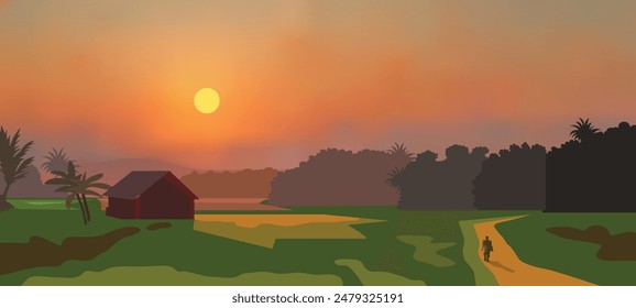 Sunset sky with a hut background. Sun rays yellow orange red vector illustration.