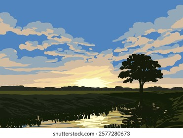 Sunset sky illustration with a tree and river