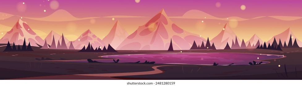 Sunset sky landscape with mountain and lake view vector background. Calm summer valley scenery in magic pink and orange panoramic scene. Outdoor evening adventure nature illustration design