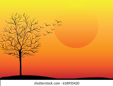 Sunset Sky Leafless Tree Birds Beautiful Stock Vector (Royalty Free ...