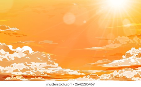 Sunset sky with light effect on orange background for Autumn banner,Fall backdrop yellow sunrise sky with bright light,Vector cartoon aerial view  Golden Hour in orange dusk Sky in Winter nature