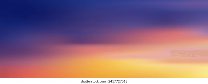 Sunset sky with Motion blurred twilight dusk sky in evening with yellow,orange, pink, red, purple, blue and cloud background,Vector Panoramic surise sky with refraction by the sea beach in Summer